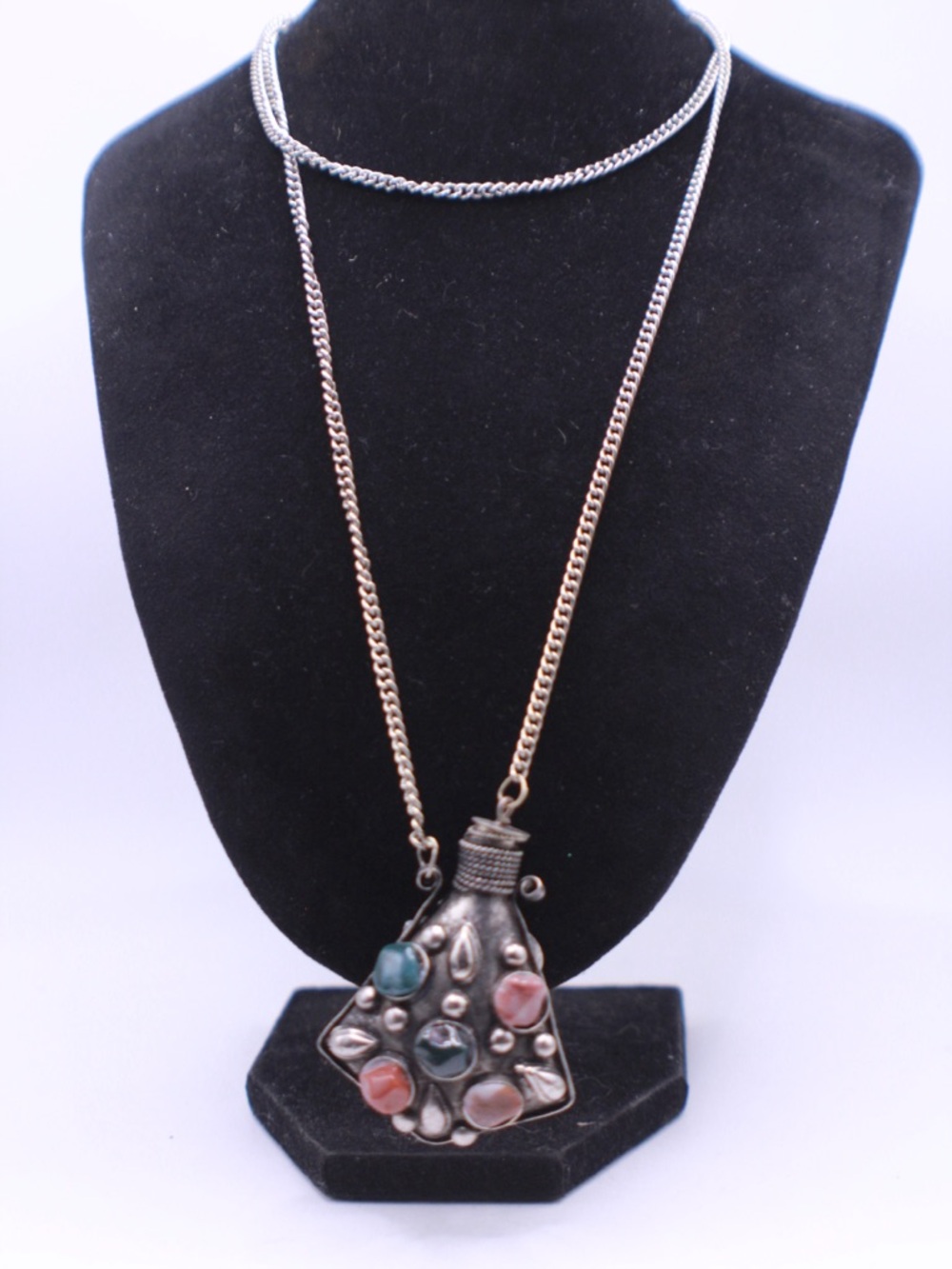 Ottoman Vintage Perfume Snuff Bottle Necklace Ethnic, Agate Stones
